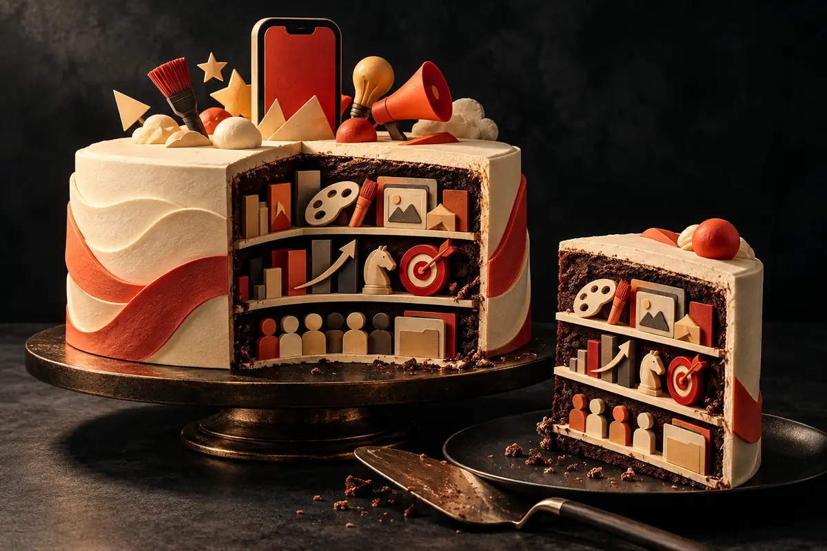 A sliced cake reveals layers of strategy, creative work and audience research. Conceptual artwork for the yellowhead ASO agency review.