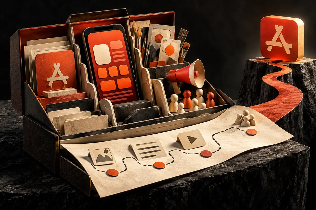 An organized app-growth toolkit sits beside a roadmap leading to an App Store symbol. Conceptual artwork for the yodel mobile ASO agency review.