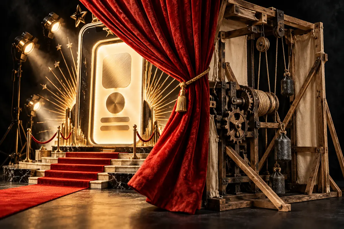 A red curtain reveals the wooden machinery behind a dazzling app display, introducing independent ASO agency reviews.