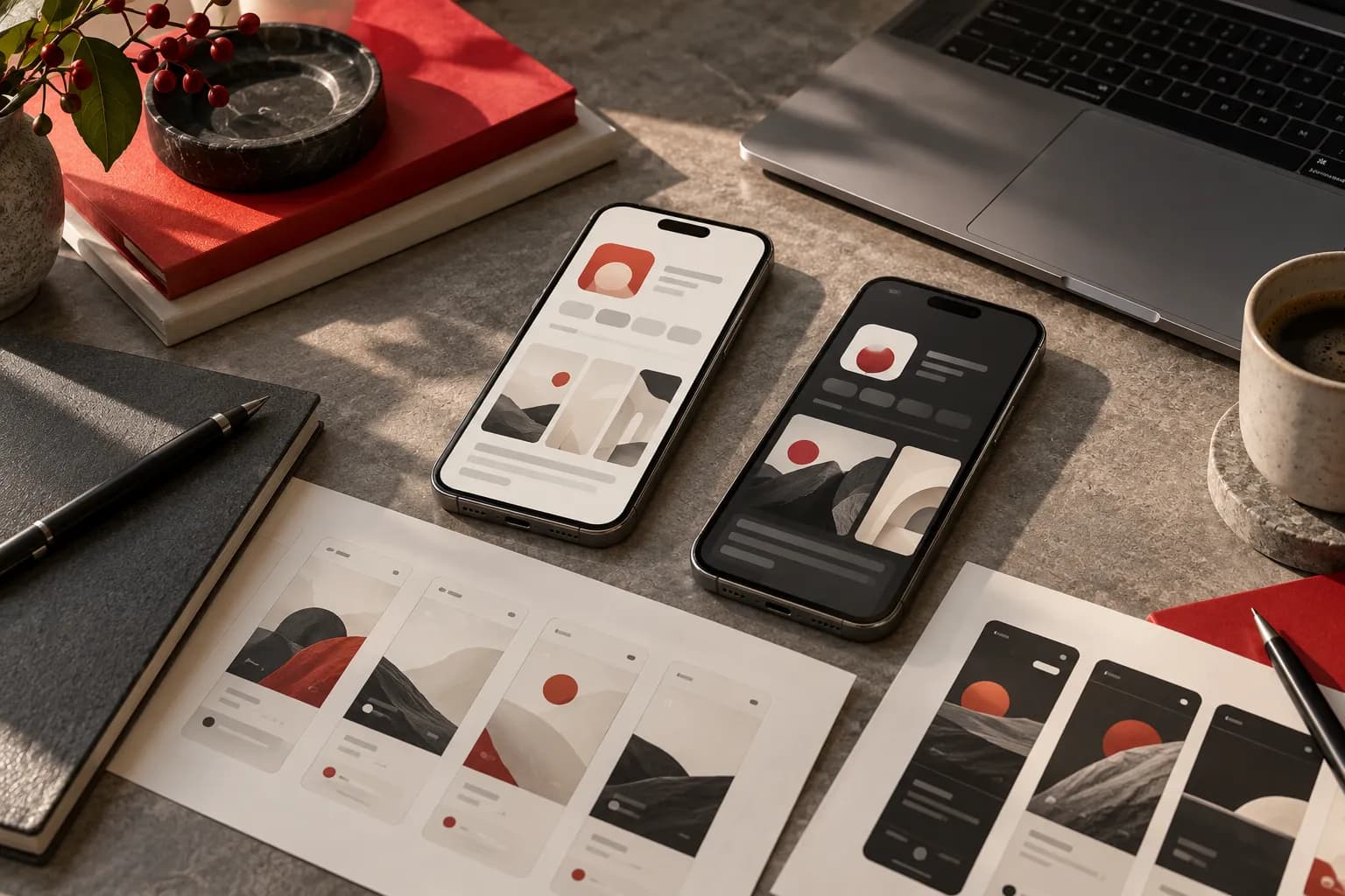 A professional app creative studio desk with two phones showing alternate fictional app listings, screenshot proof sheets and a graphite laptop.