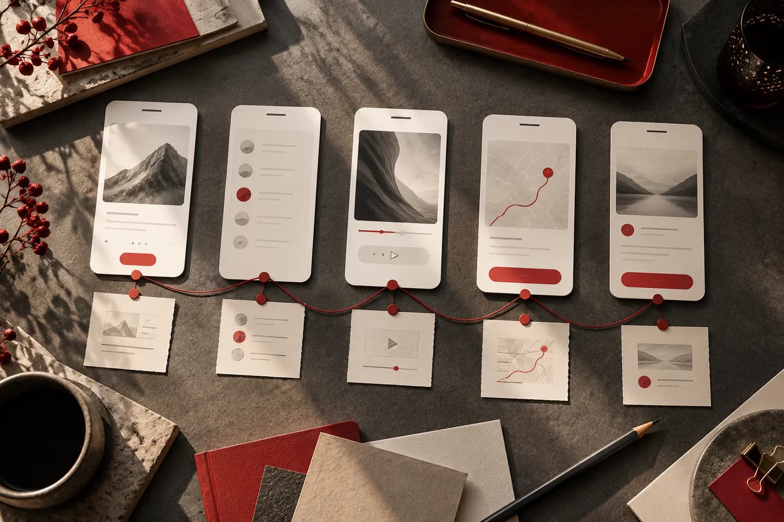 An overhead photographic still life of a five-card app screenshot storyboard, each portrait card paired with a small evidence note and fine red sequence connectors.