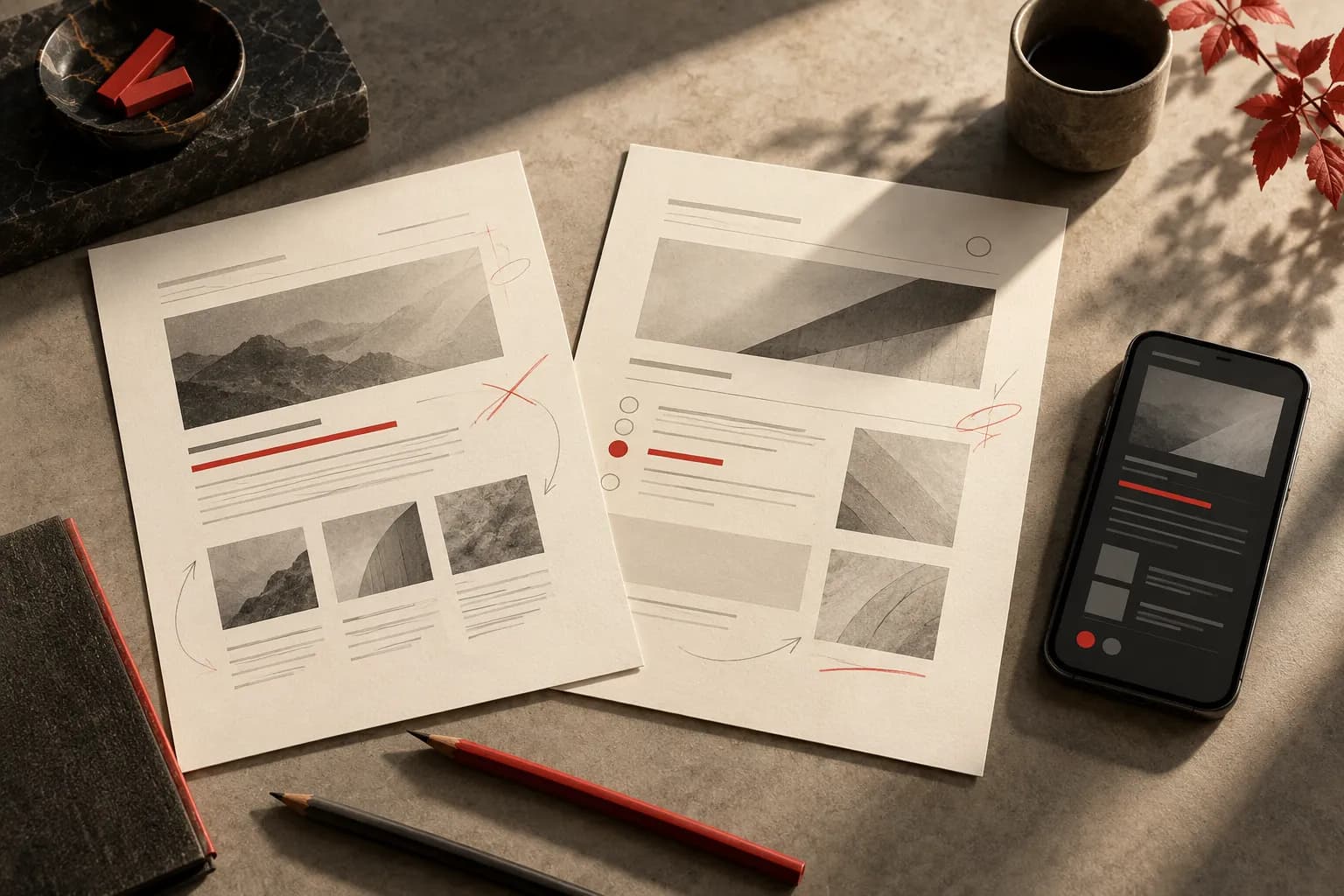 Two ivory metadata proof sheets with typographic lines, highlighted additions in vermilion and pencil revision marks beside a graphite phone.