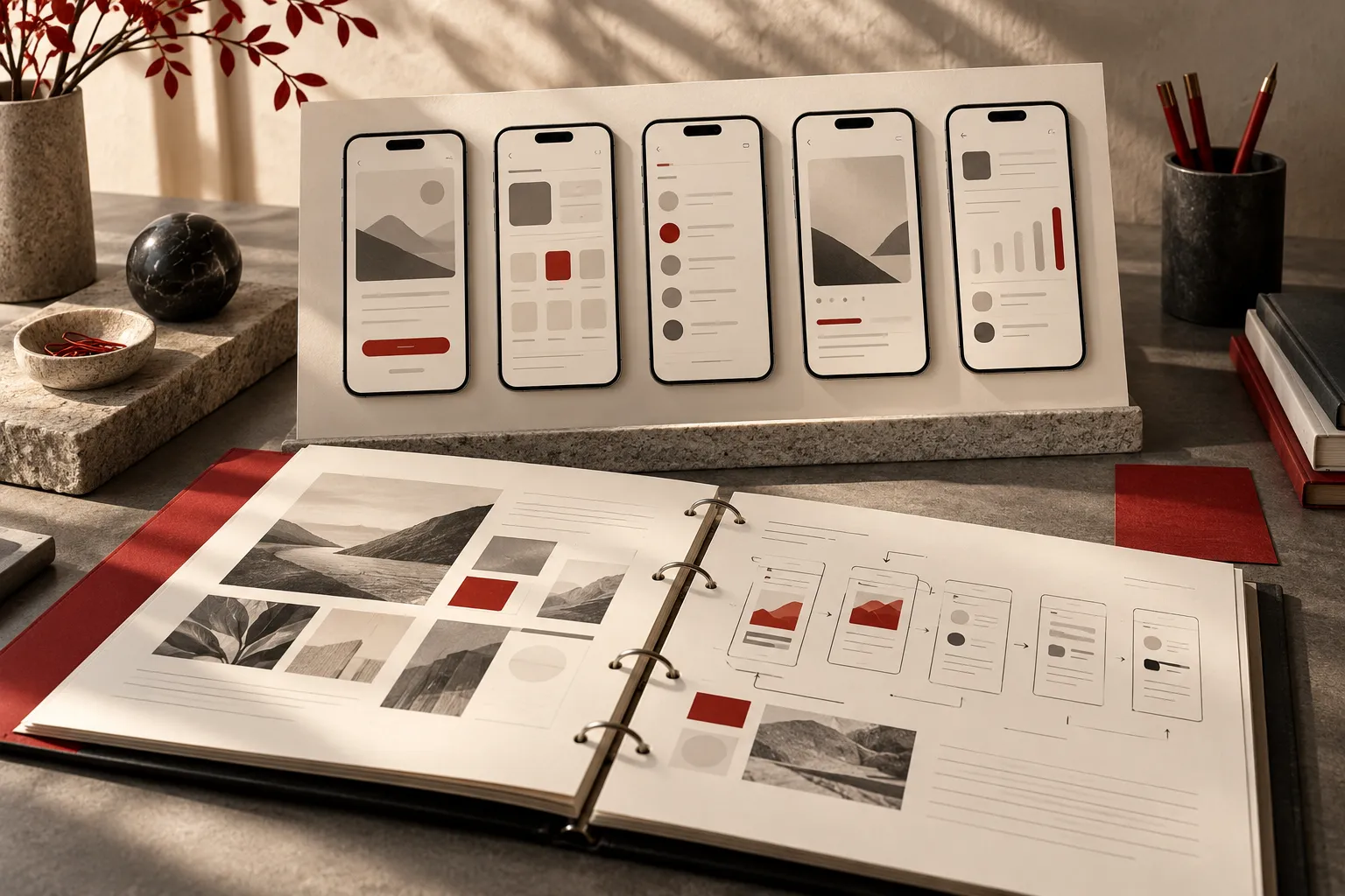 A professional screenshot strategy course binder with a row of five phone interface proofs and an open creative planning workbook.
