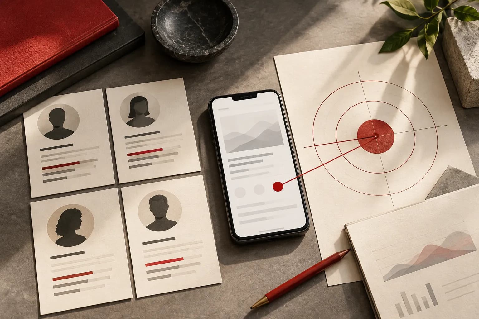 A precise creative brief with audience research cards and a single phone screenshot aligned to one red target marker.