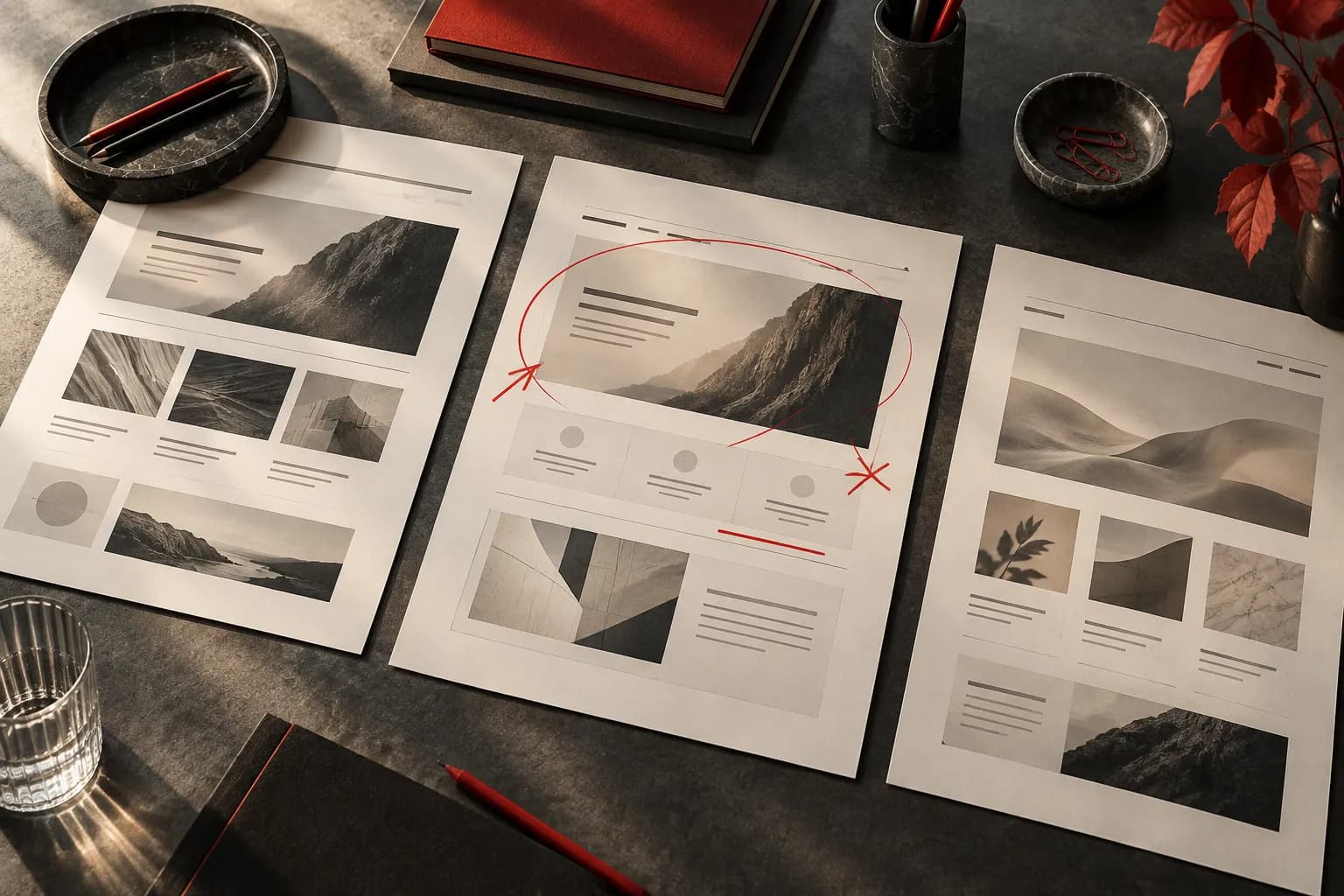 Three large screenshot headline proof sheets compared at a graphite studio desk, one marked in red, text abstract lines.