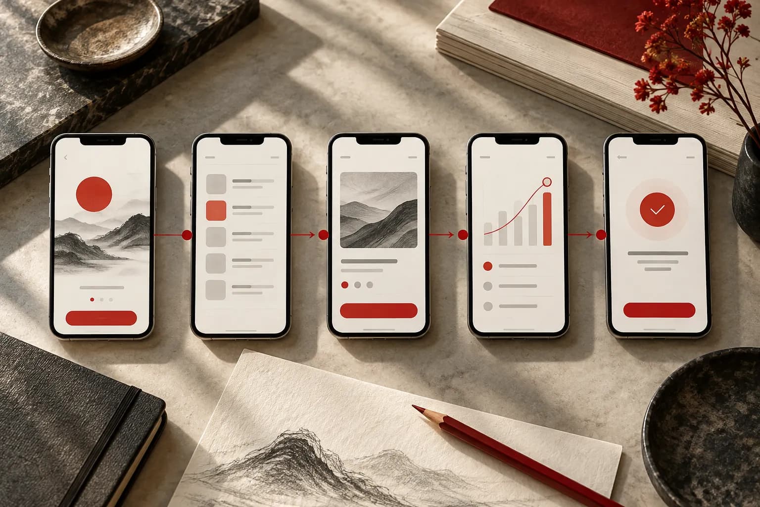 Five portrait app screenshot proofs arranged in a deliberate numbered sequence with fine red connectors, no legible text.