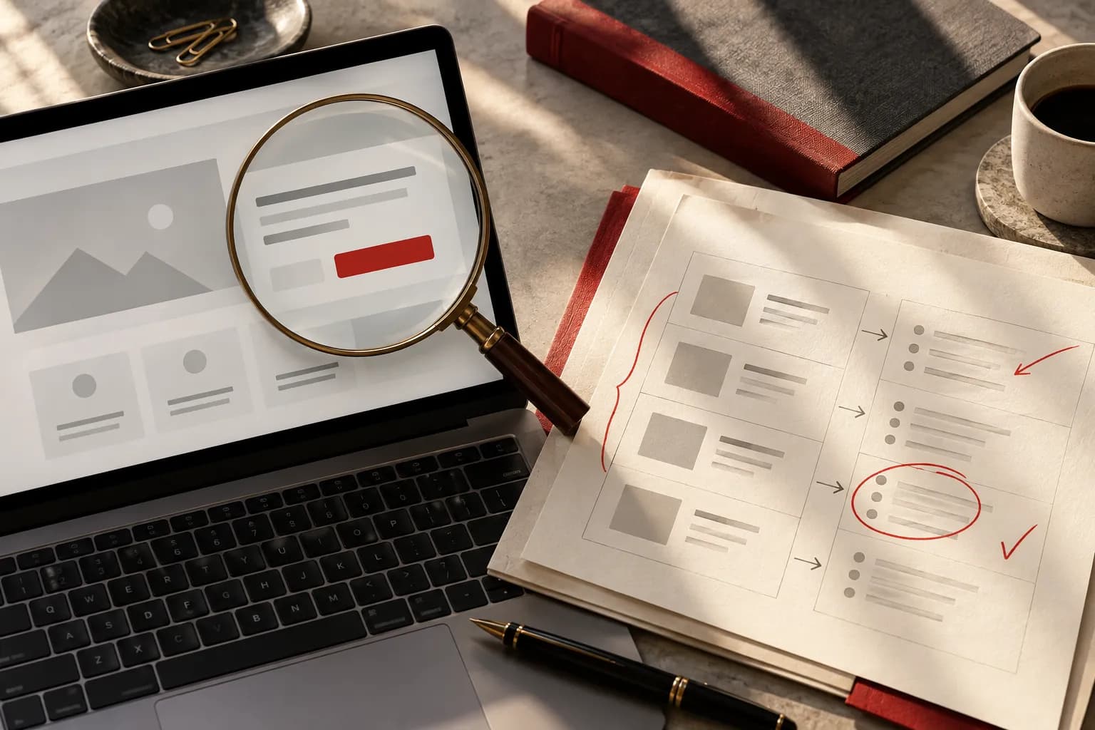A product interface screenshot under a loupe beside a claim-to-evidence worksheet and subtle red review marks.