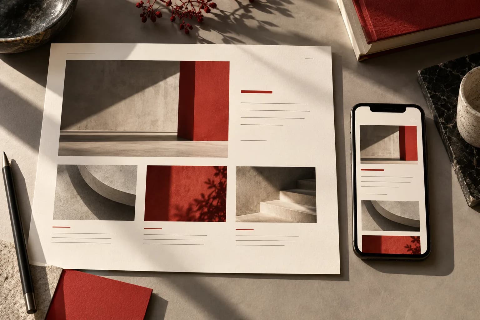 A full-size creative proof next to the same composition on a realistically small phone screen, measuring readability.