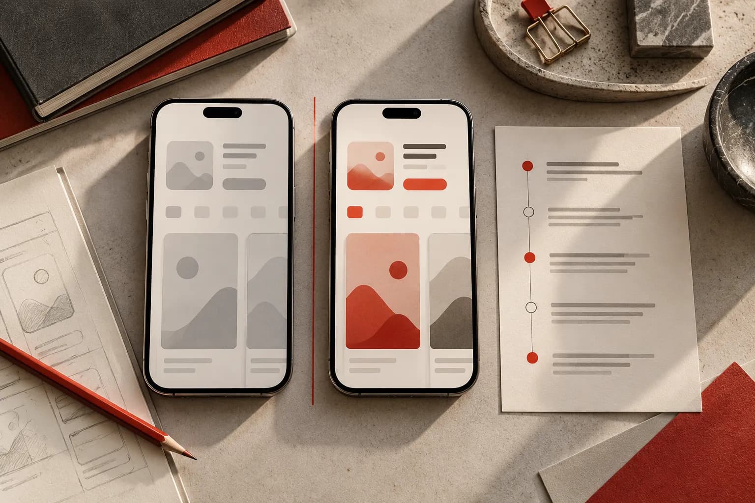 Two app listing proofs side by side separated by a fine vermilion line, with an editorial change log.