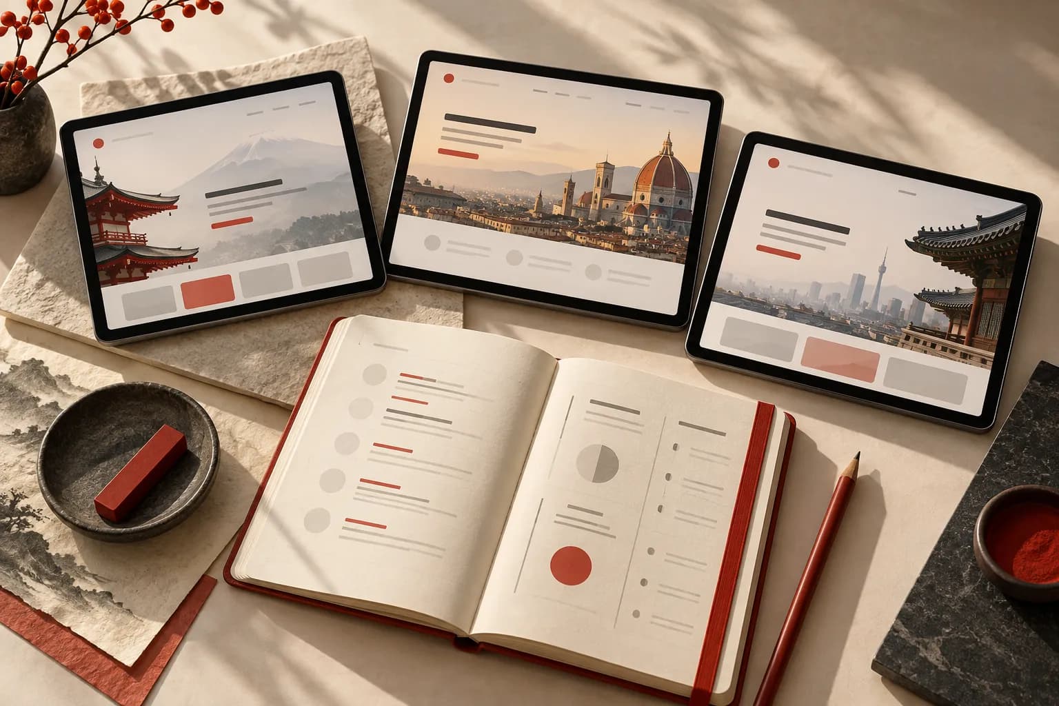 Three locale-specific screenshot proofs and a terminology notebook on an ivory drafting surface, restrained vermilion accents.
