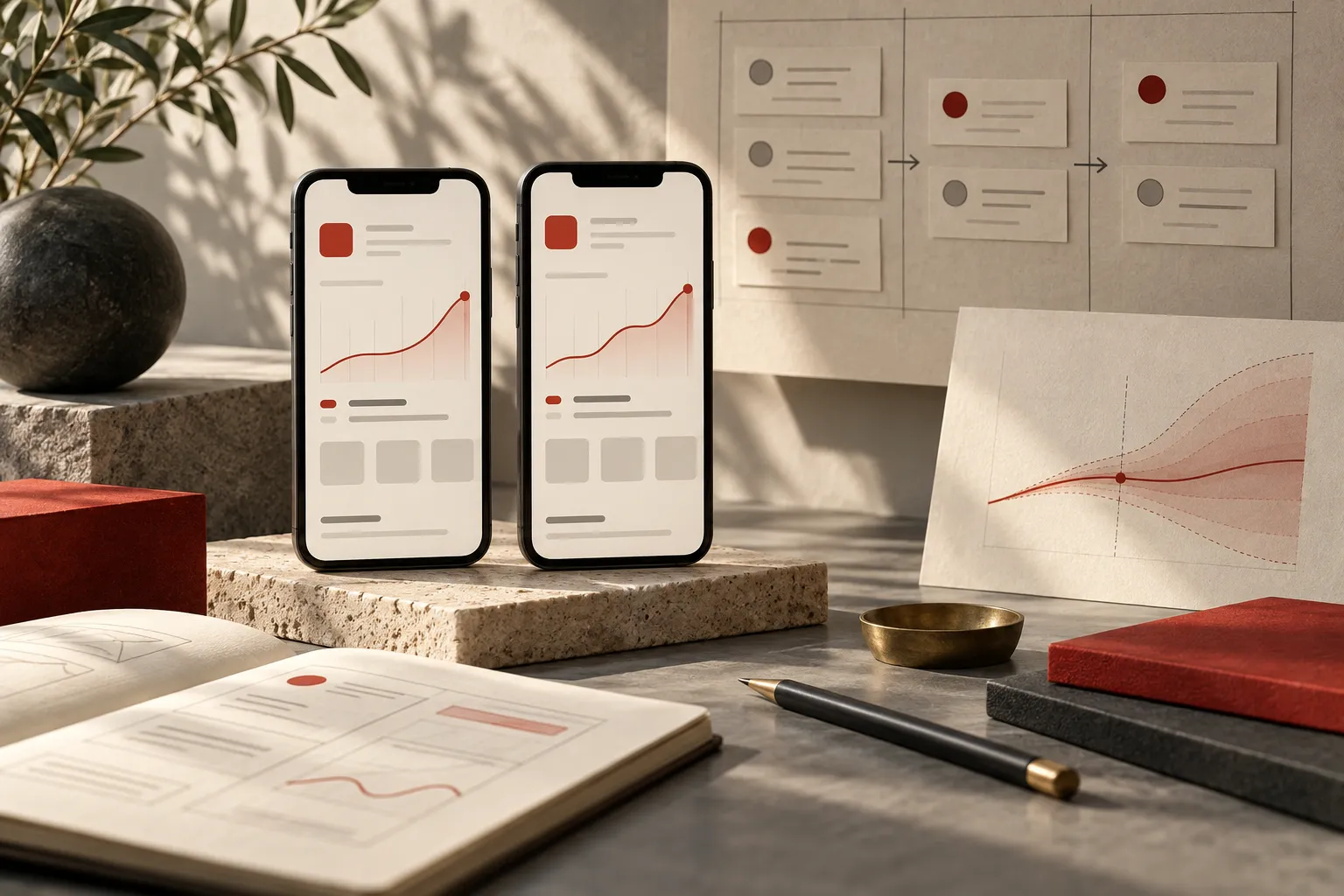 Two almost identical phone screenshot treatments linked to a restrained experiment planning board and uncertainty chart.