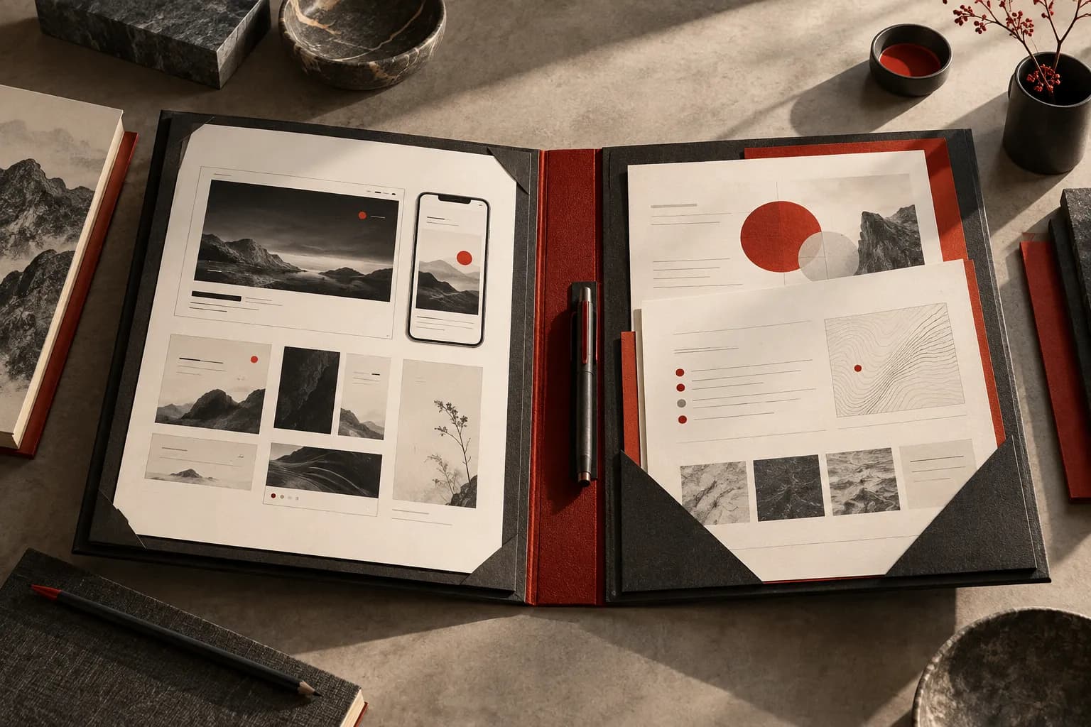 An elegant organized final project folder with screenshot proofs, metadata sheets and an experiment brief, graphite and vermilion.