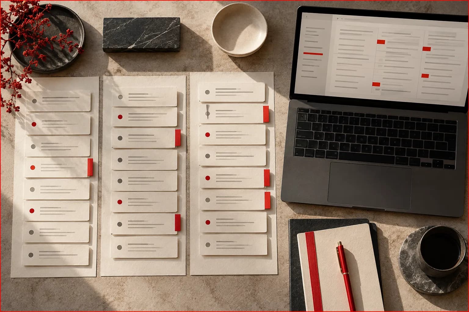 A precise overhead arrangement of keyword research cards grouped into three paper columns, a graphite laptop with an abstract text grid and red tabs marking selected evidence.