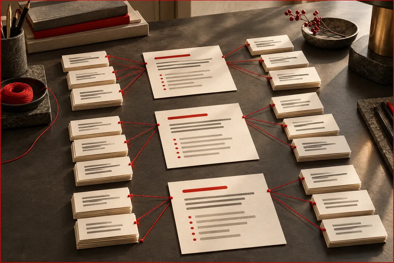 A professional desk with customer review excerpts represented by abstract lines on ivory cards, arranged into thematic groups with red thread connecting originals to a synthesis sheet.