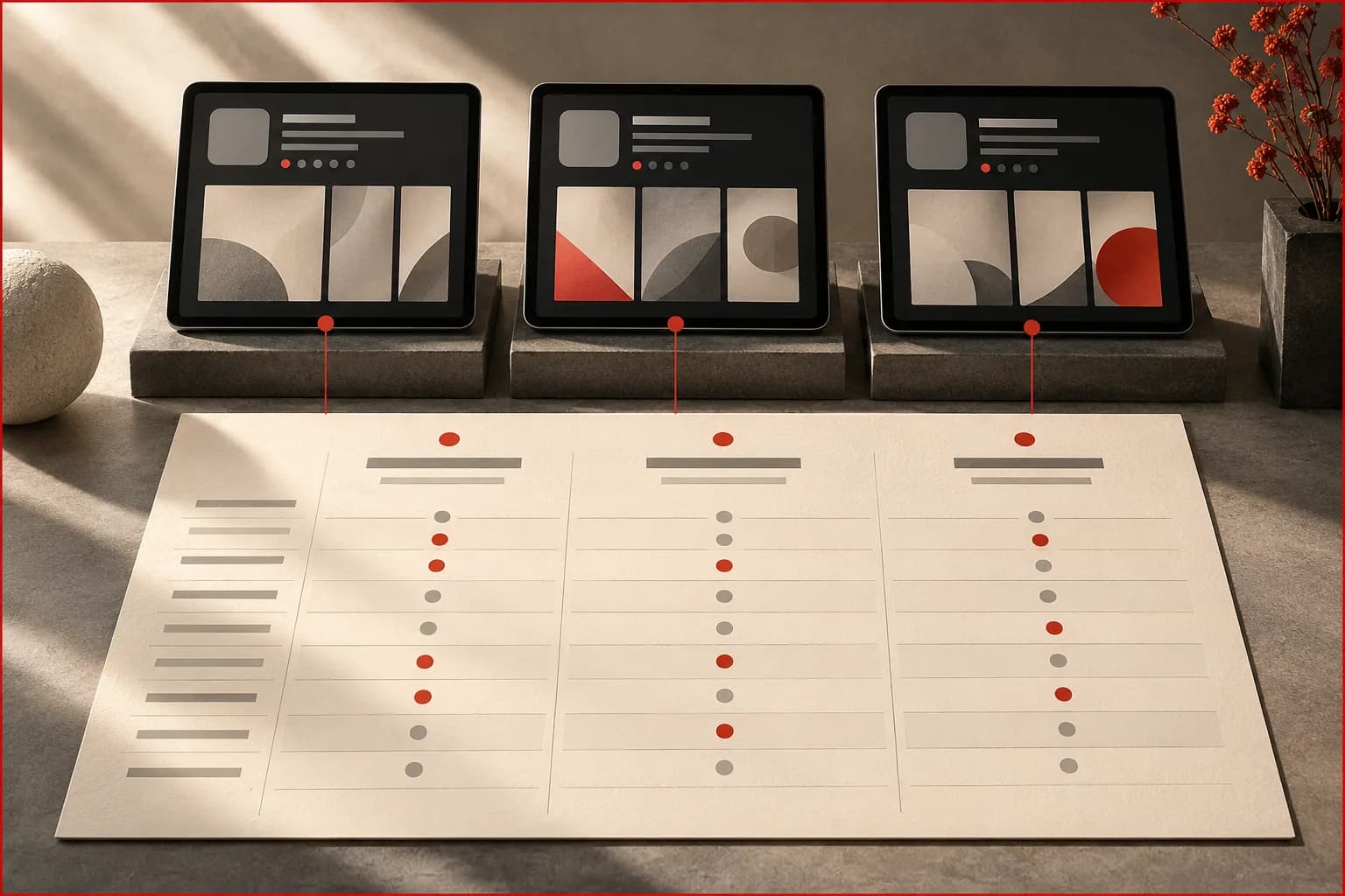 Three different abstract app listings on graphite tablets above a large ivory comparison grid, each column linked to one source by restrained red markers.