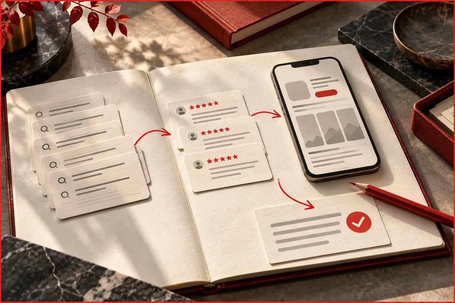 A premium research portfolio open to keyword cards, review evidence and a phone listing prototype; a red pencil marks a clear path from research to approved copy.