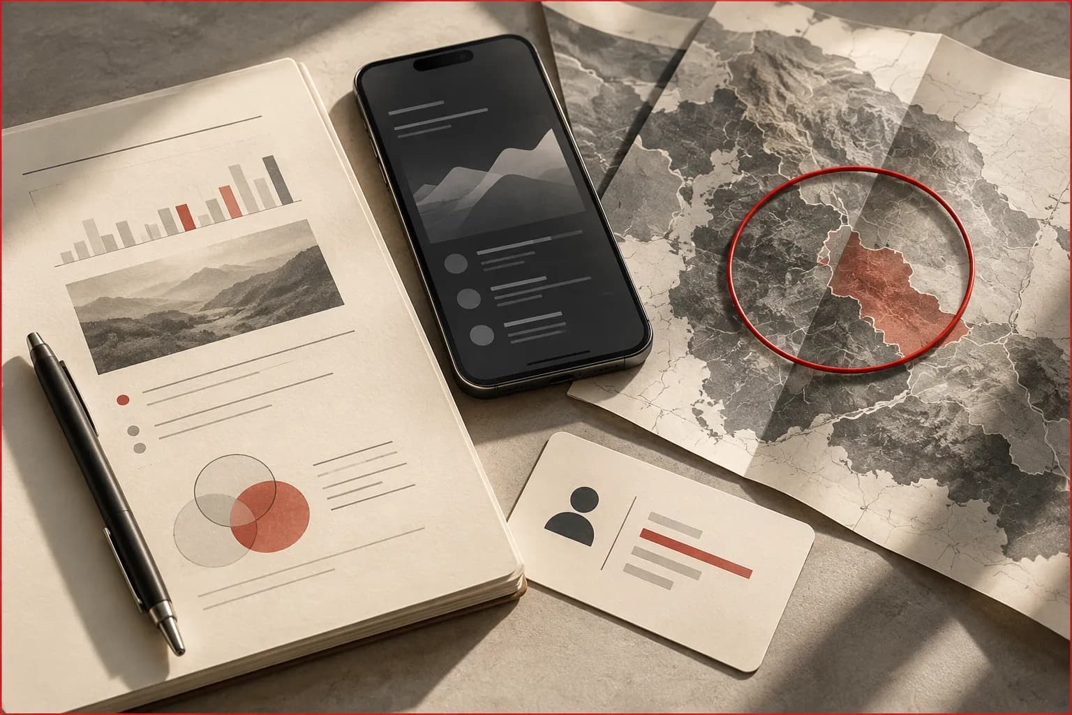 An ivory research brief next to one graphite phone and a folded map, a single red focus ring selecting a small region and one audience card.