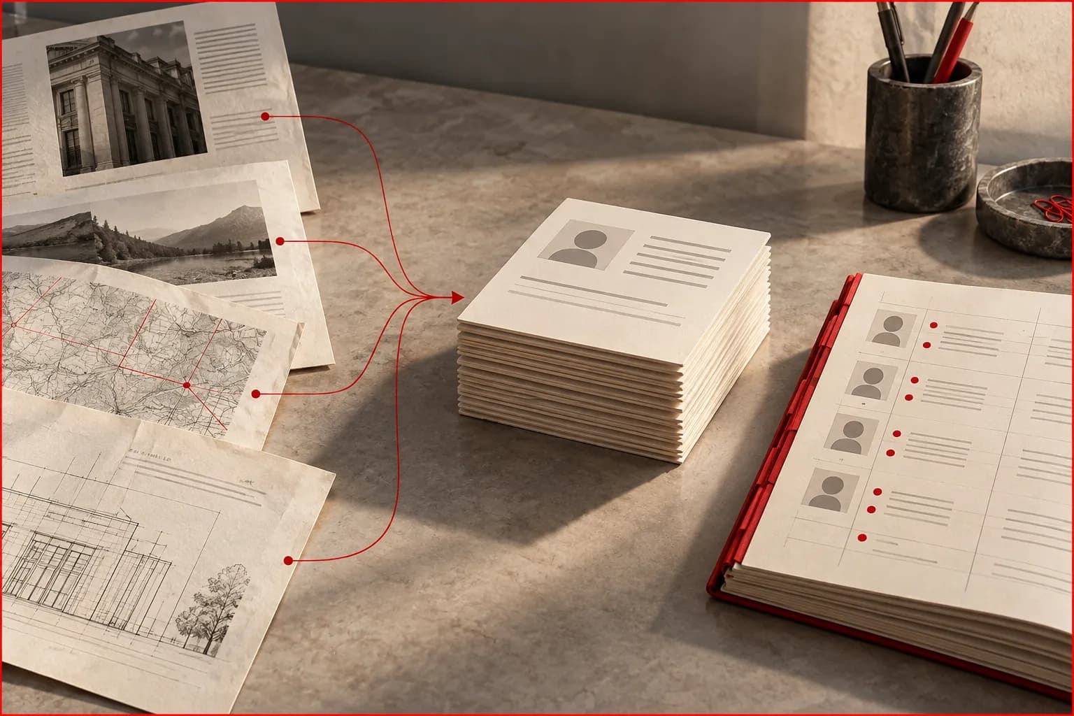 Several different paper source documents feeding into a neatly ordered stack of candidate cards, preserved originals on the left and a red-indexed research ledger on the right.