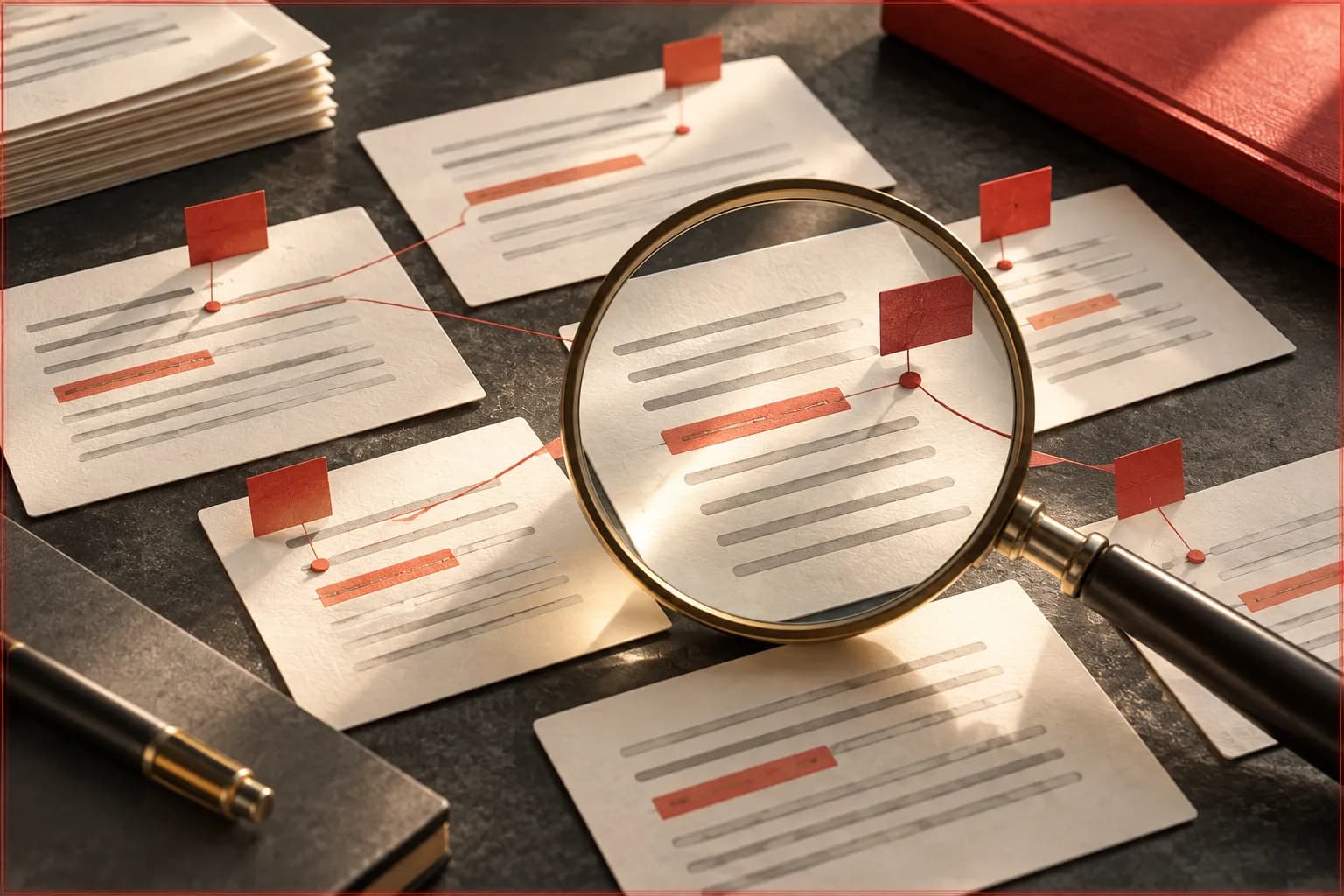 A close editorial view of ivory review cards, a magnifying glass over abstract sentence lines and small vermilion annotation tabs connecting repeated ideas.