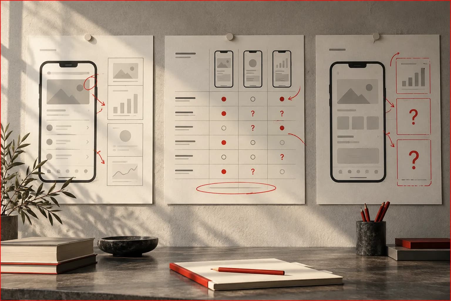 A studio wall with three mature fictional app product sheets, a central comparison matrix and red annotations distinguishing observed screens from question marks made of simple shapes.