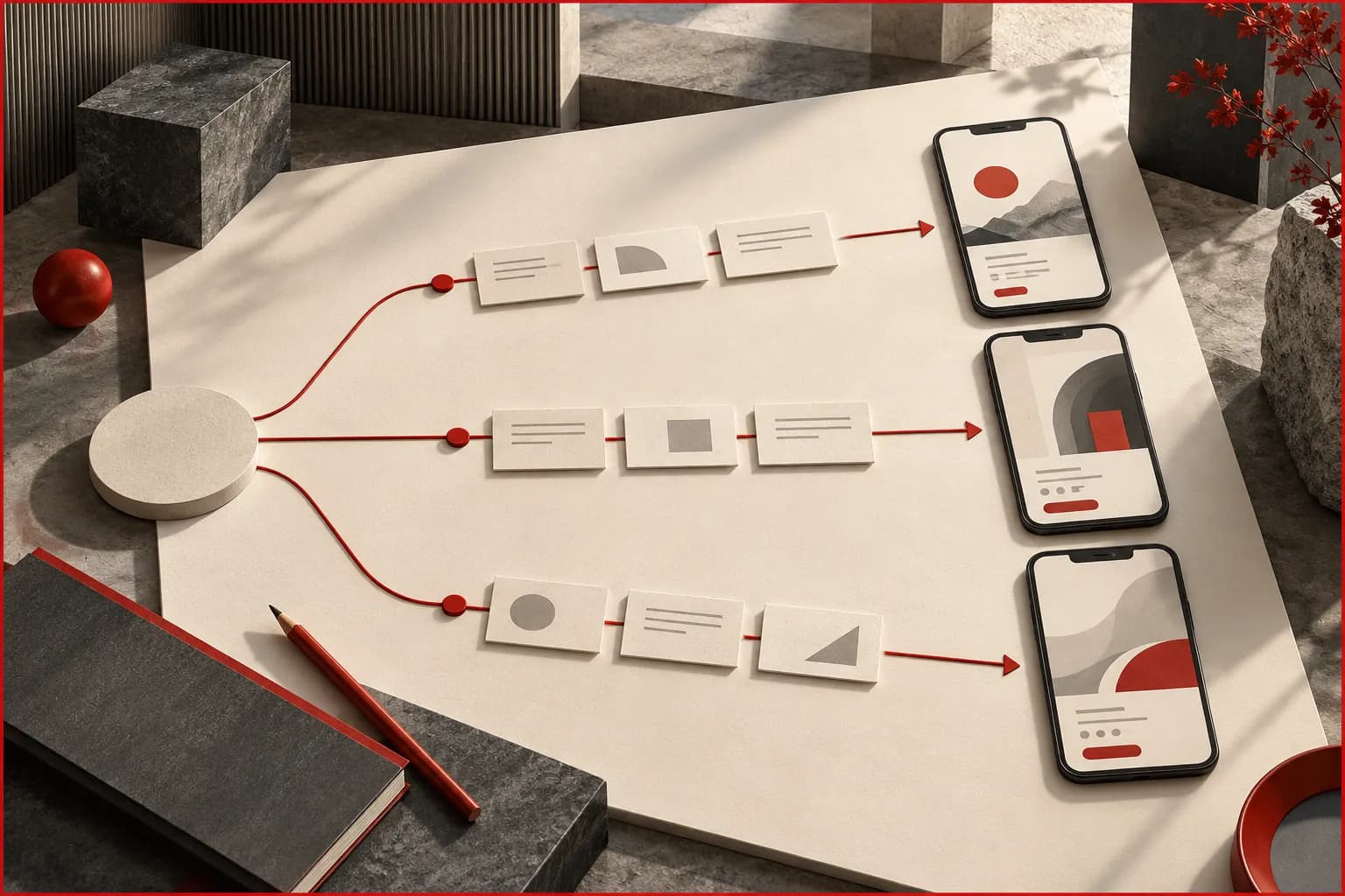 Keyword cards arranged along three branching paths on an ivory planning board, each path ending at a different abstract app screen; architectural graphite setting and restrained red routing lines.