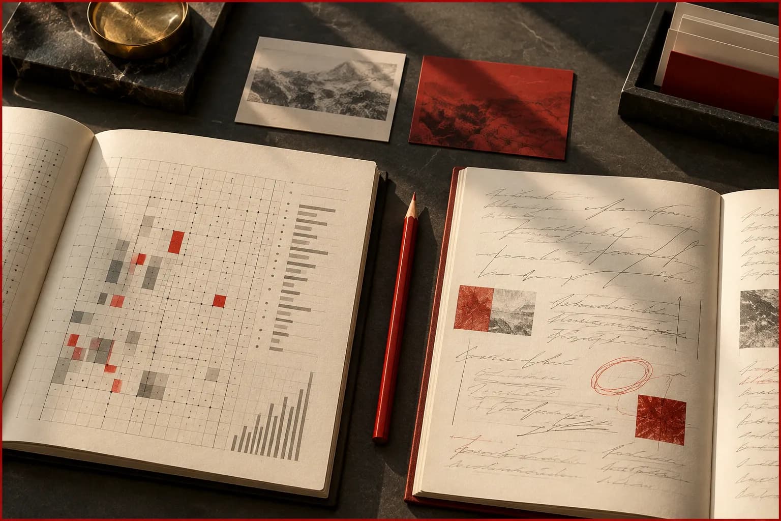 A research desk with two separate ledgers, one abstract numeric data grid and one handwritten-style annotation sheet, divided clearly by a red pencil and paired source cards.