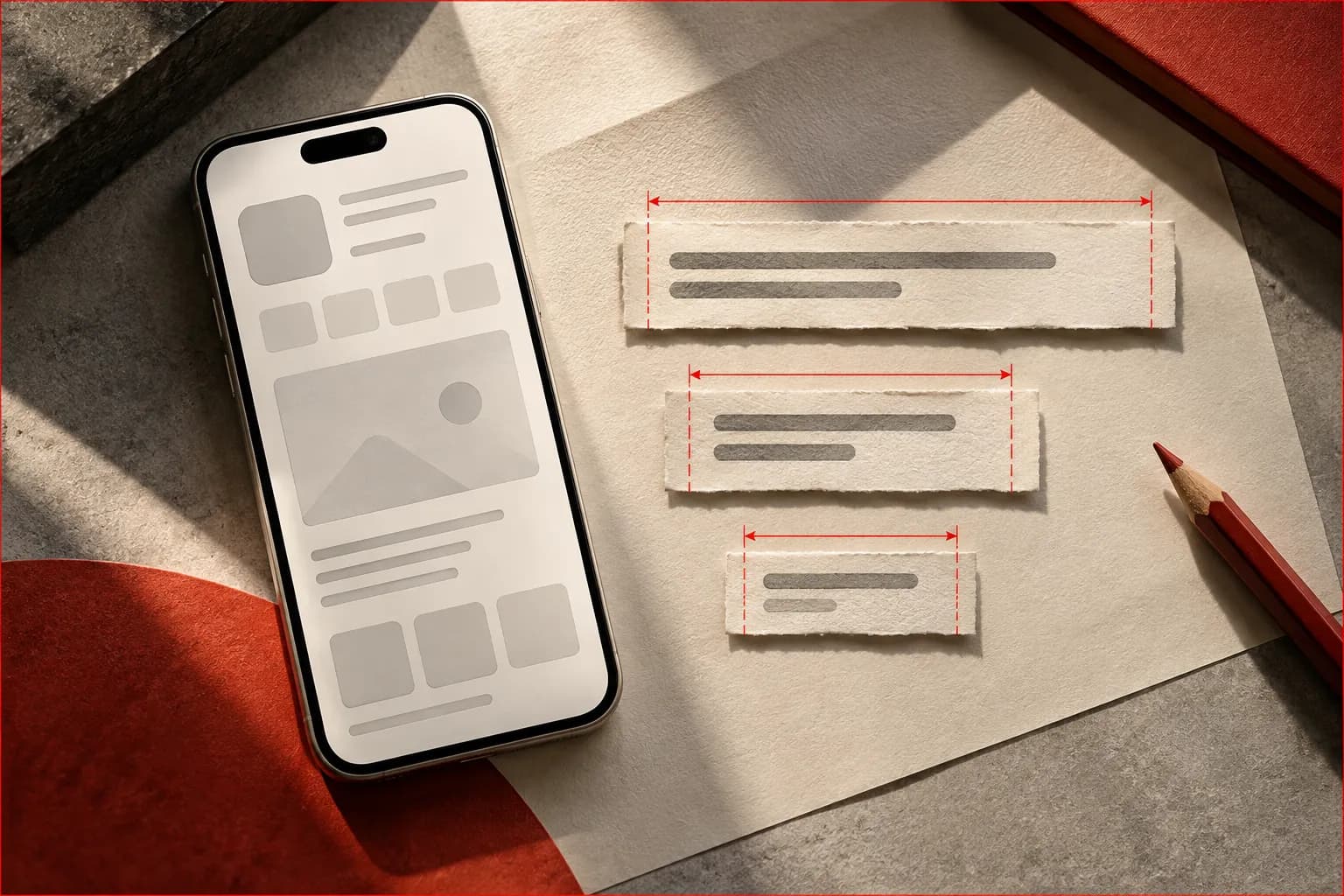 An ivory phone listing mockup beside three measured paper text strips of different lengths, red guide marks indicating compact writing constraints.