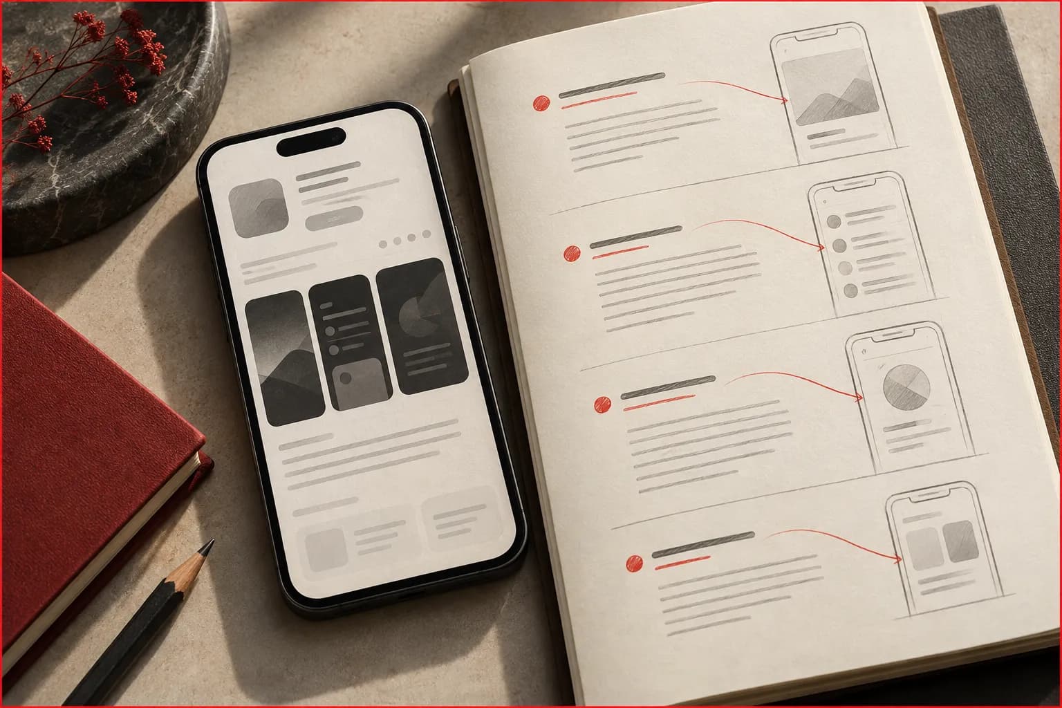 A graphite phone showing a conceptual app listing and a longer editorial manuscript, red marks linking benefit headings to concrete product screens.
