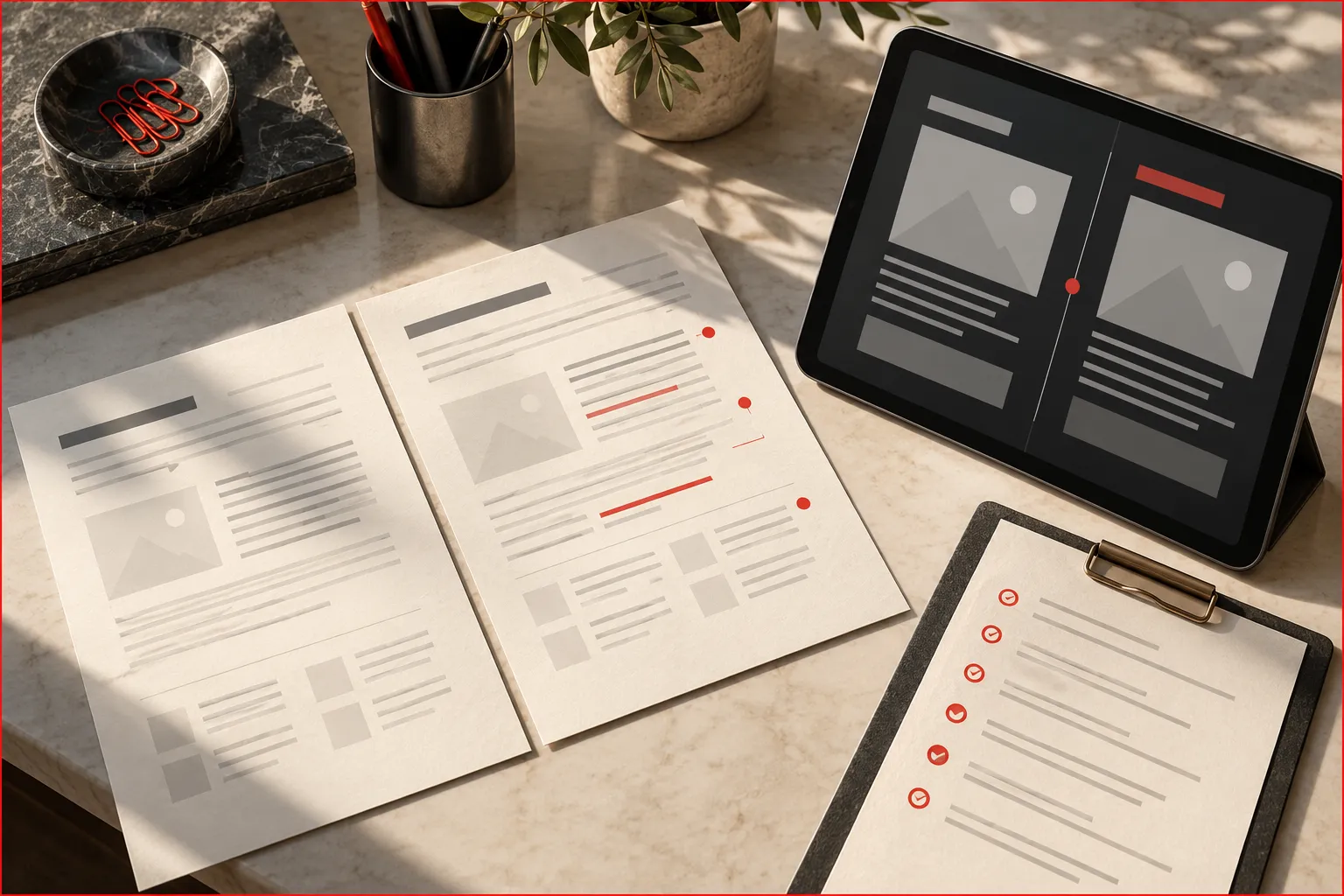 Two carefully aligned metadata drafts with small red change markers and a separate evidence checklist, a graphite tablet displaying an abstract side-by-side comparison.