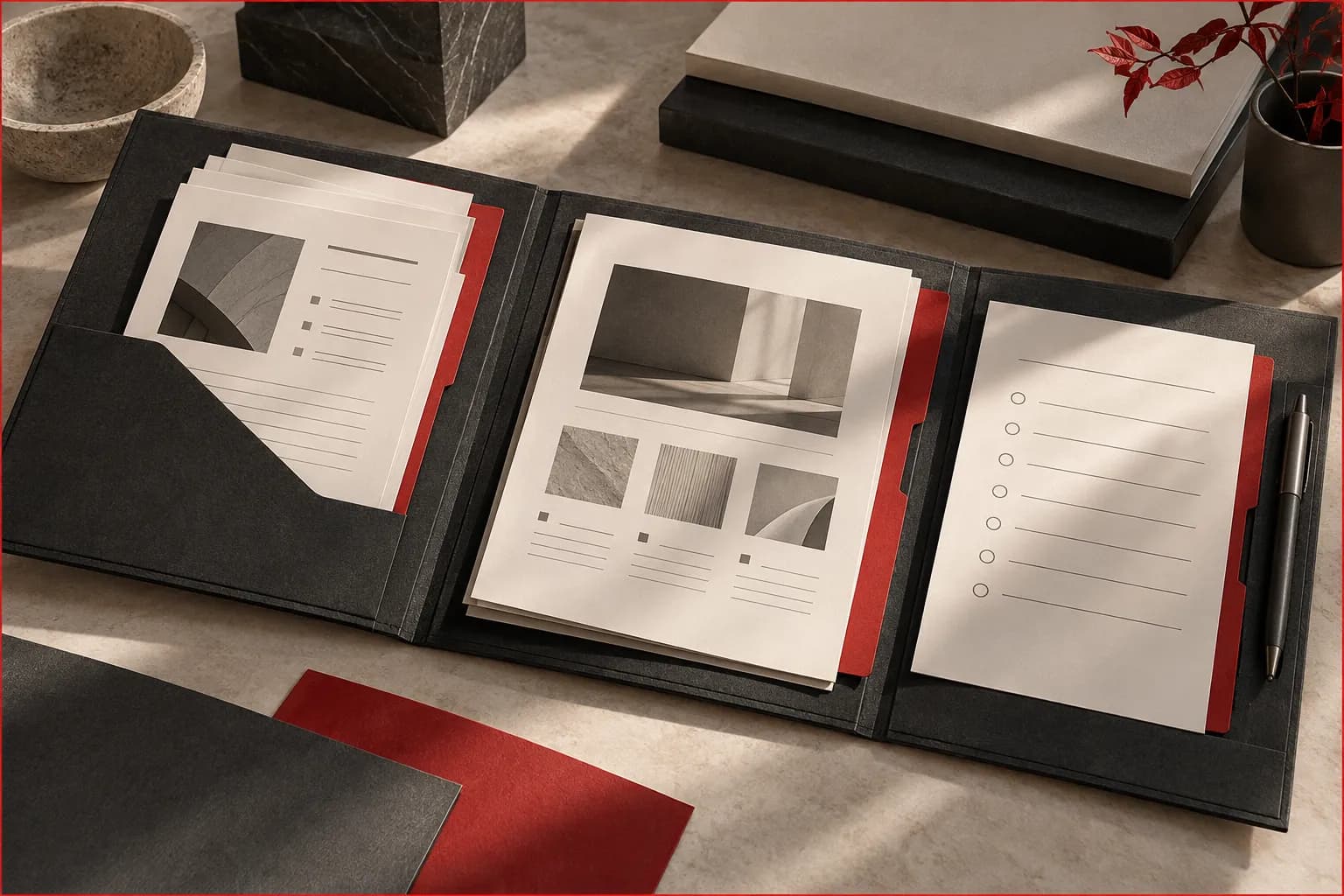 An elegant open charcoal portfolio containing source records, approved paper listing mockups and a remaining-questions sheet, arranged as a professional project handover with red dividers.